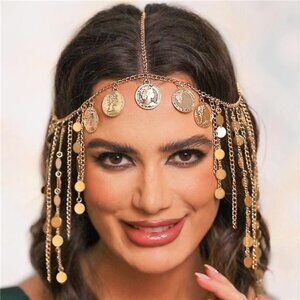 Gold Sequin Tassel Head Chain – Vintage Coin Forehead Jewelry for Women